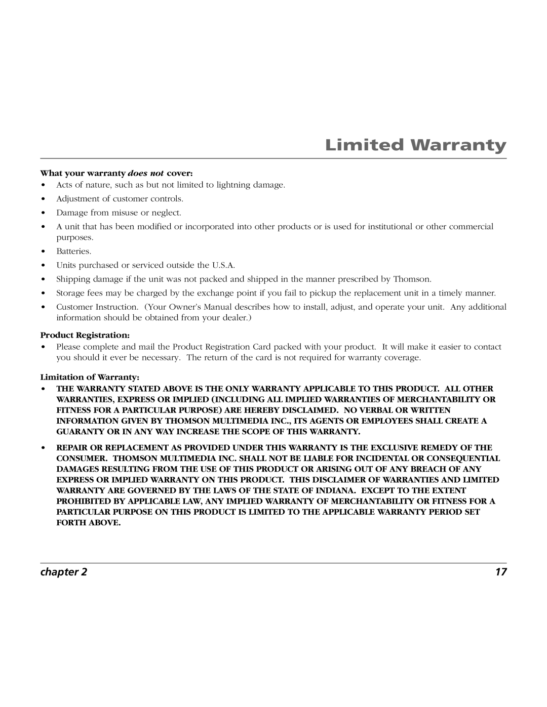 RCA BLC524 user manual What your warranty does not cover, Product Registration, Limitation of Warranty 