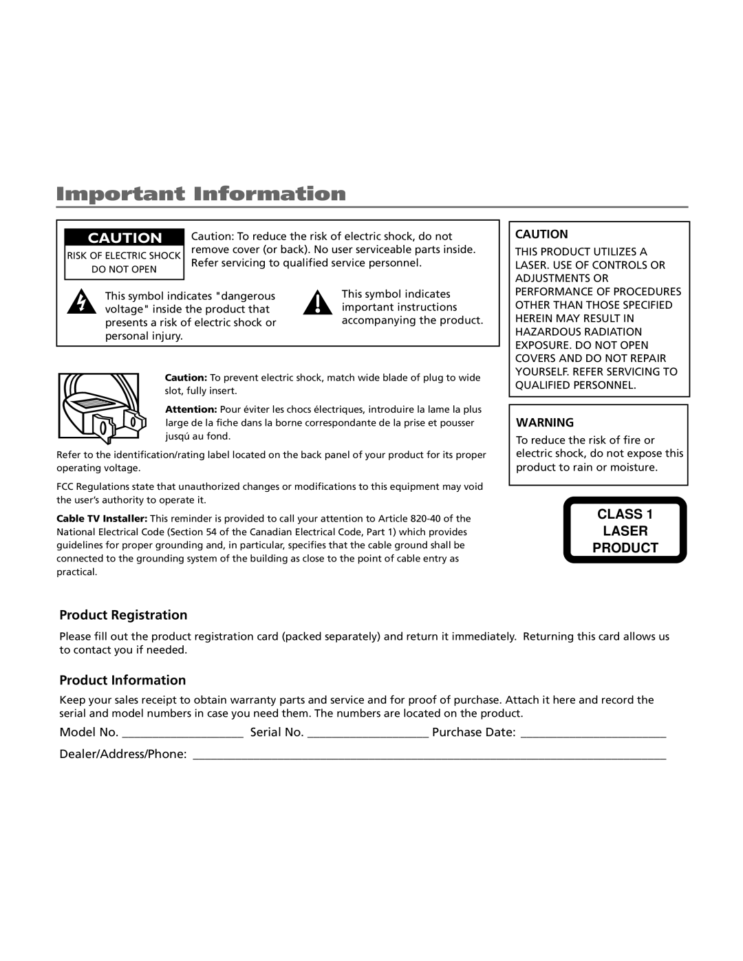 RCA BLC524 user manual Important Information 