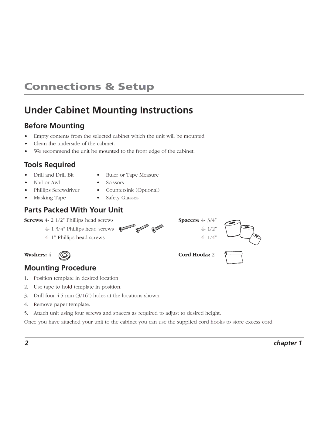 RCA BLC524 user manual Connections & Setup, Under Cabinet Mounting Instructions 