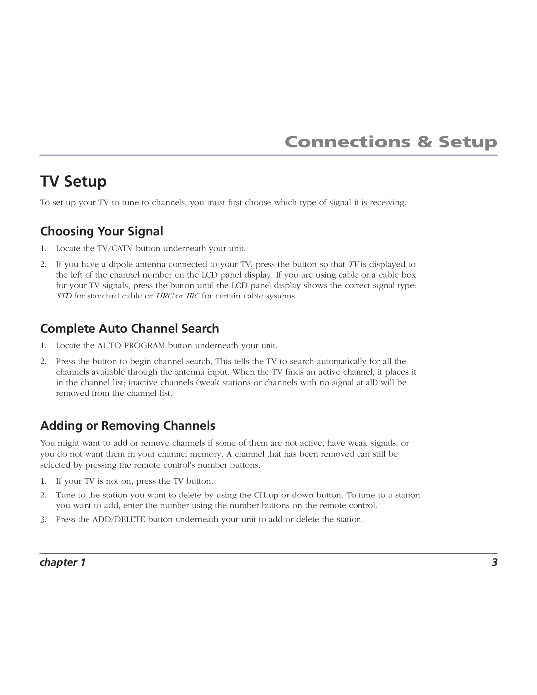 RCA BLC524 user manual TV Setup, Choosing Your Signal, Complete Auto Channel Search, Adding or Removing Channels 