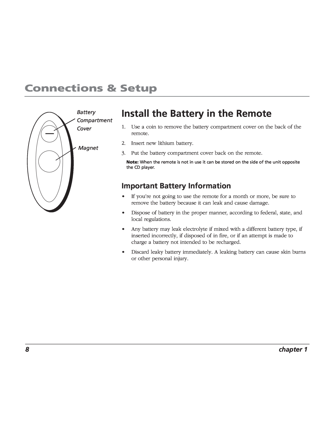 RCA BLC524 Install the Battery in the Remote, Important Battery Information, Compartment, Cover, Magnet, chapter 