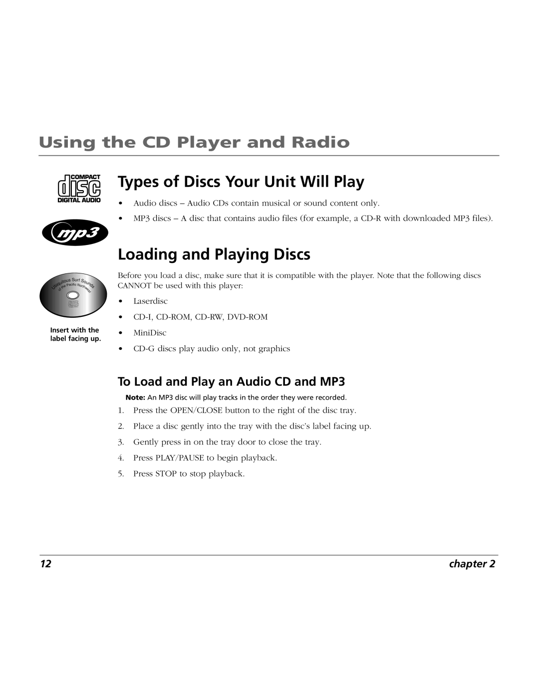 RCA BLC524 Using the CD Player and Radio, Types of Discs Your Unit Will Play, Loading and Playing Discs, chapter 