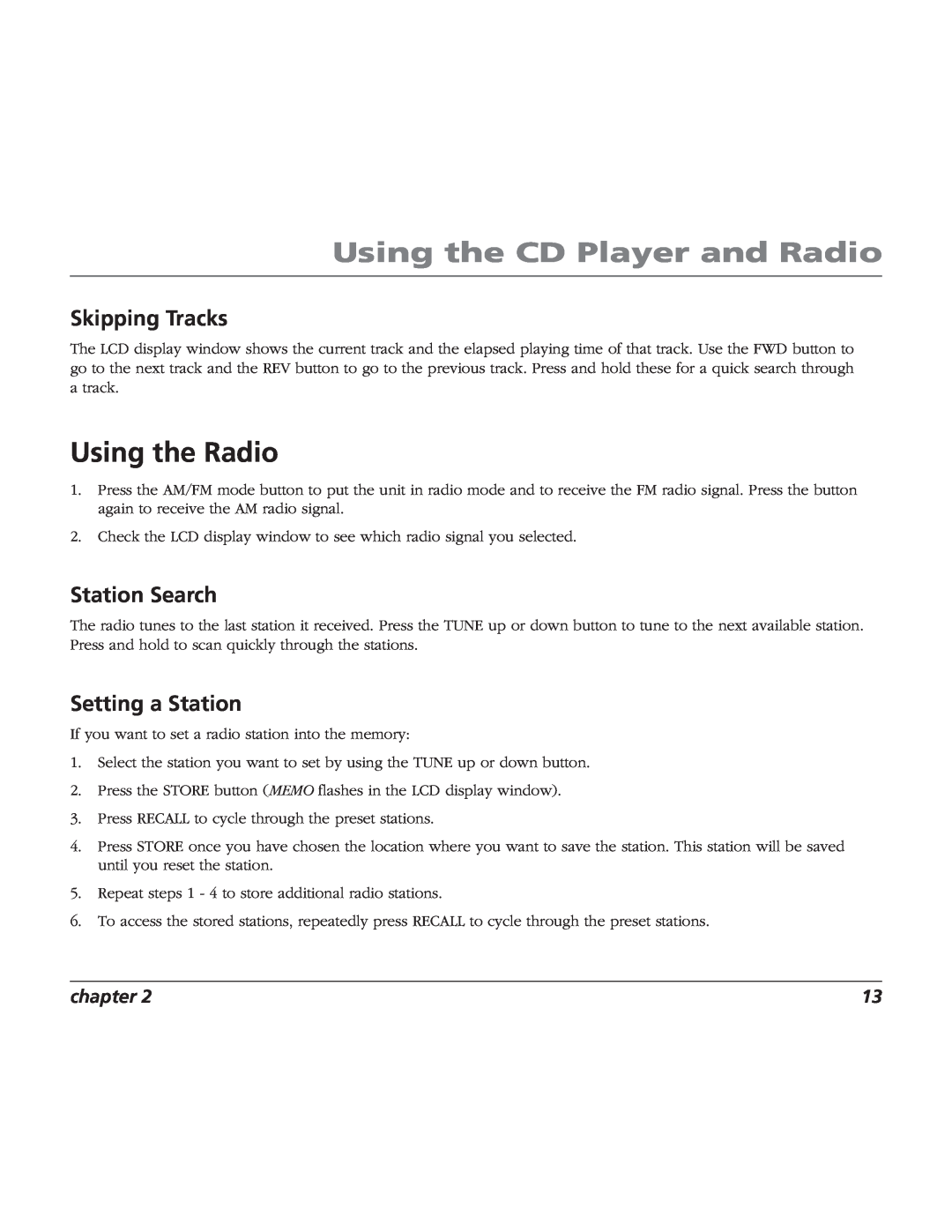 RCA BLC524 Using the Radio, Skipping Tracks, Station Search, Setting a Station, Using the CD Player and Radio, chapter 