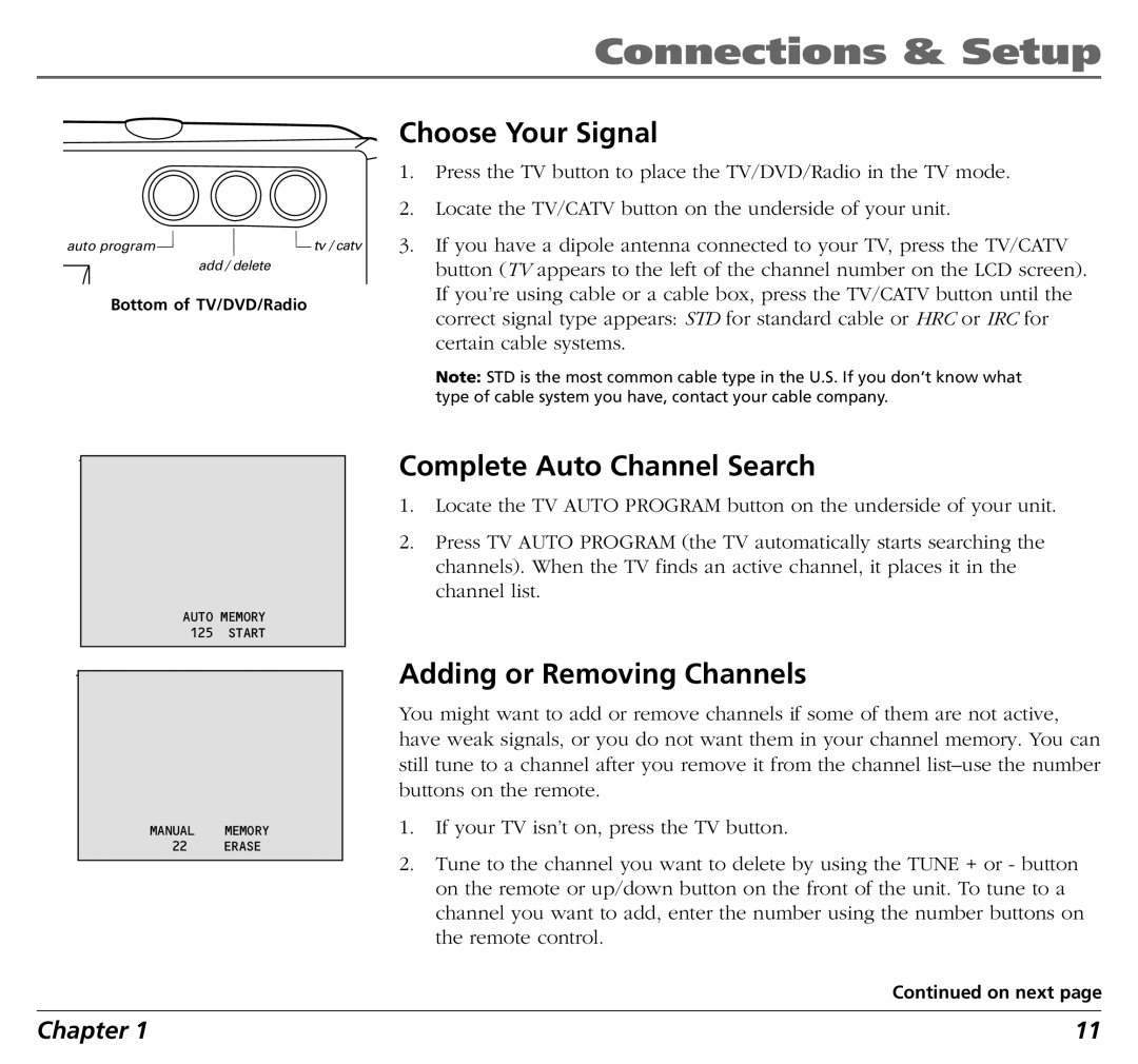 RCA BLD548 user manual Choose Your Signal, Complete Auto Channel Search, Adding or Removing Channels 