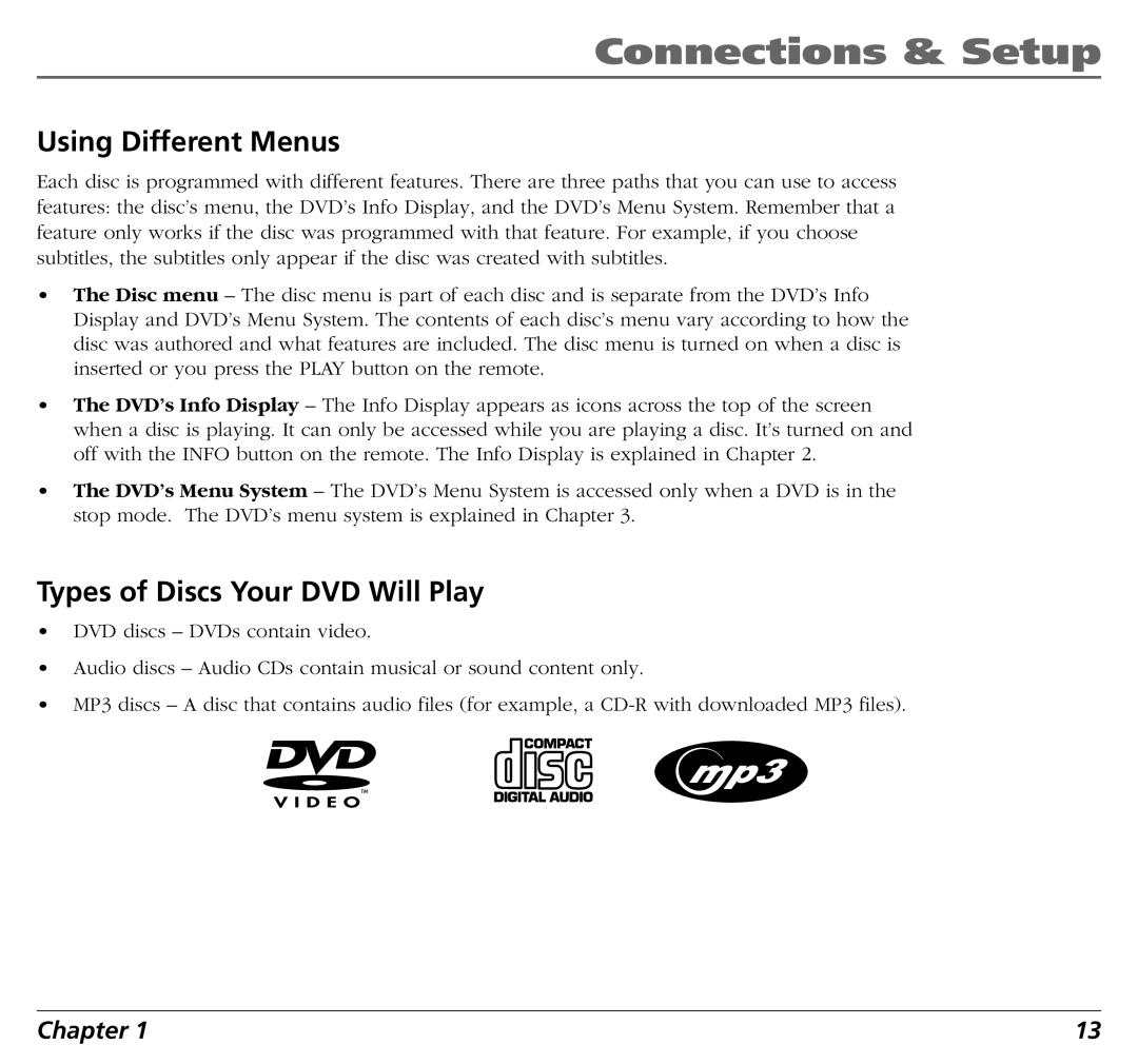 RCA BLD548 user manual Using Different Menus, Types of Discs Your DVD Will Play 