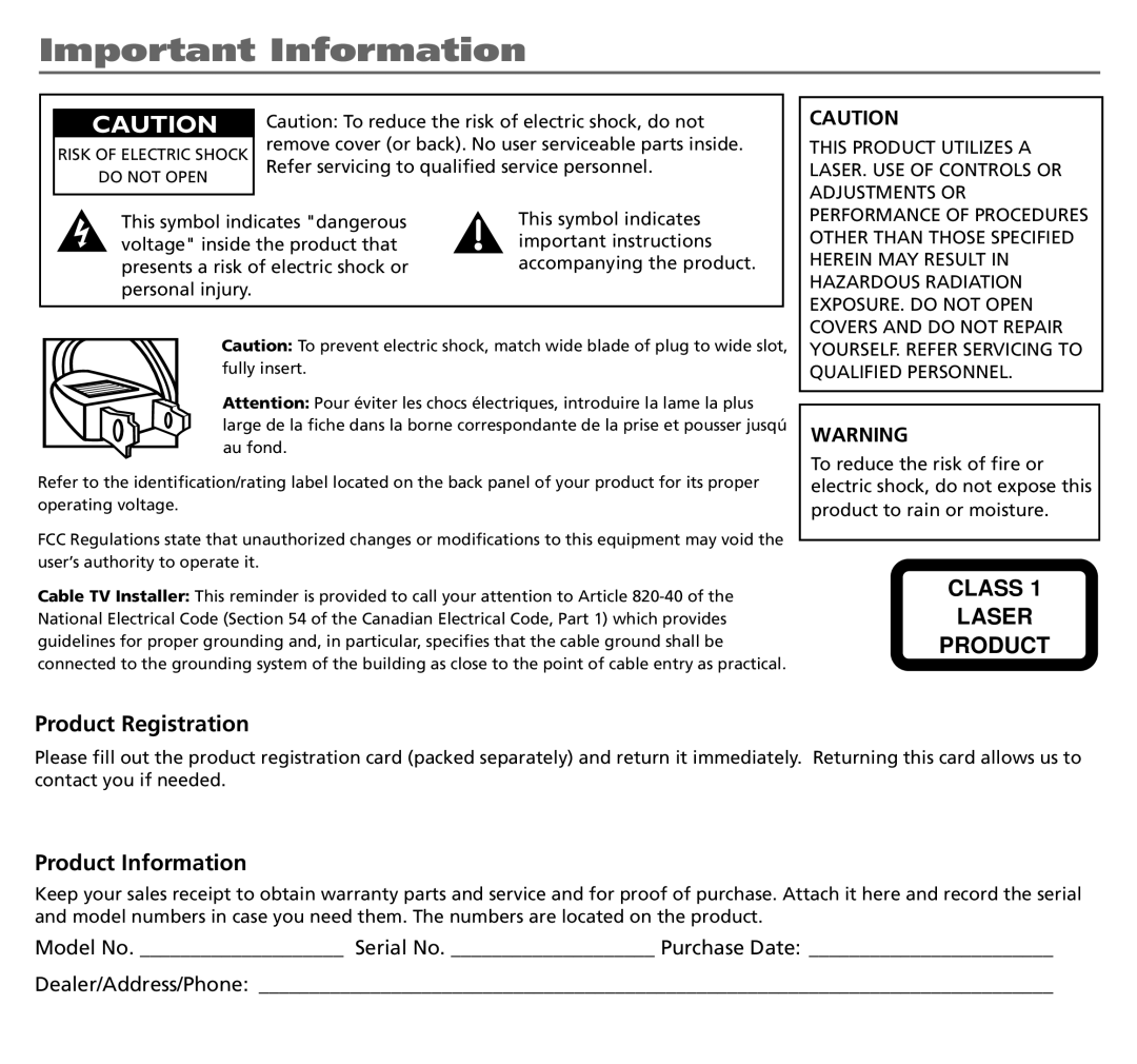 RCA BLD548 user manual Important Information 