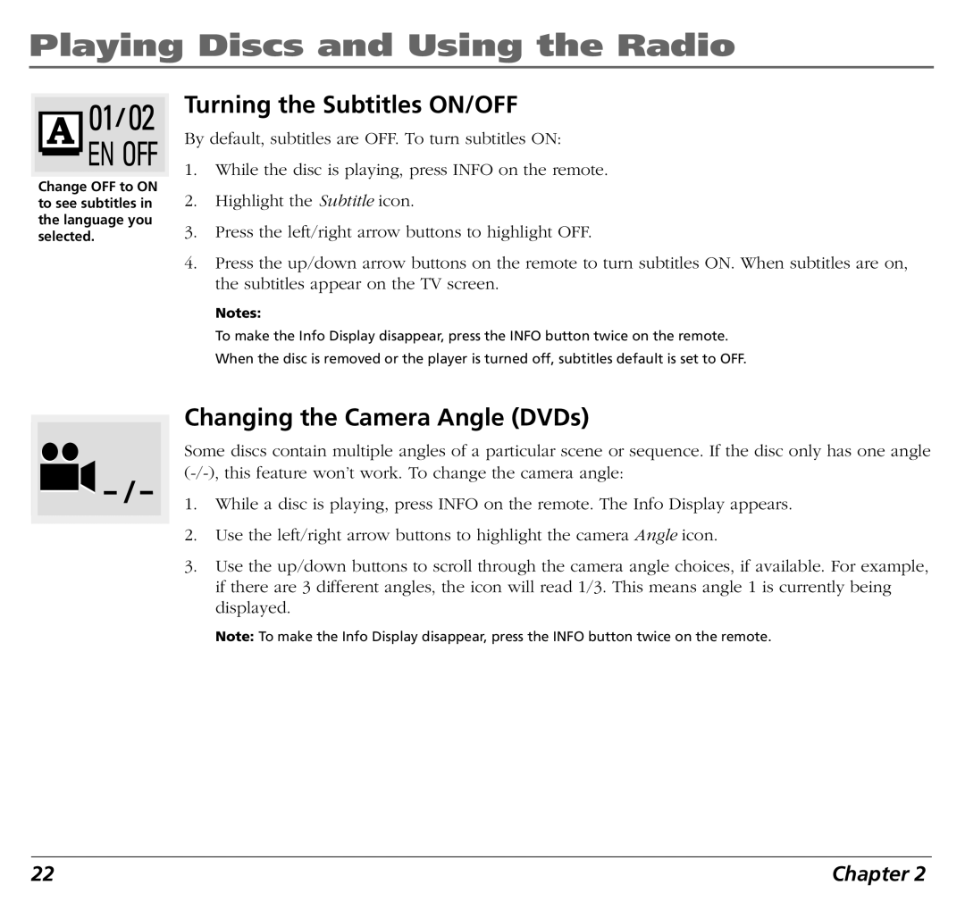 RCA BLD548 user manual Turning the Subtitles ON/OFF, Changing the Camera Angle DVDs 