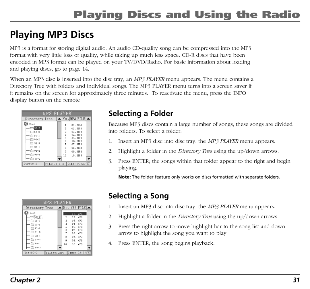 RCA BLD548 user manual Playing MP3 Discs, Selecting a Folder, Selecting a Song 