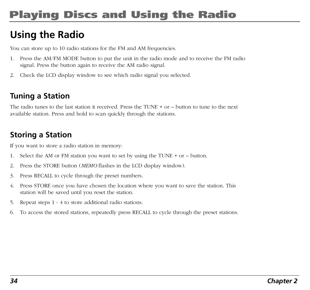 RCA BLD548 user manual Using the Radio, Tuning a Station, Storing a Station 