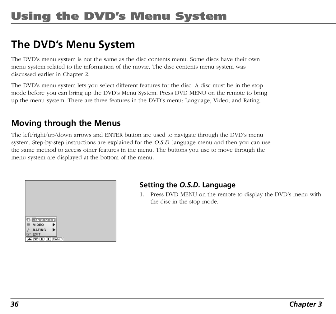 RCA BLD548 user manual DVD’s Menu System, Moving through the Menus, Setting the O.S.D. Language 