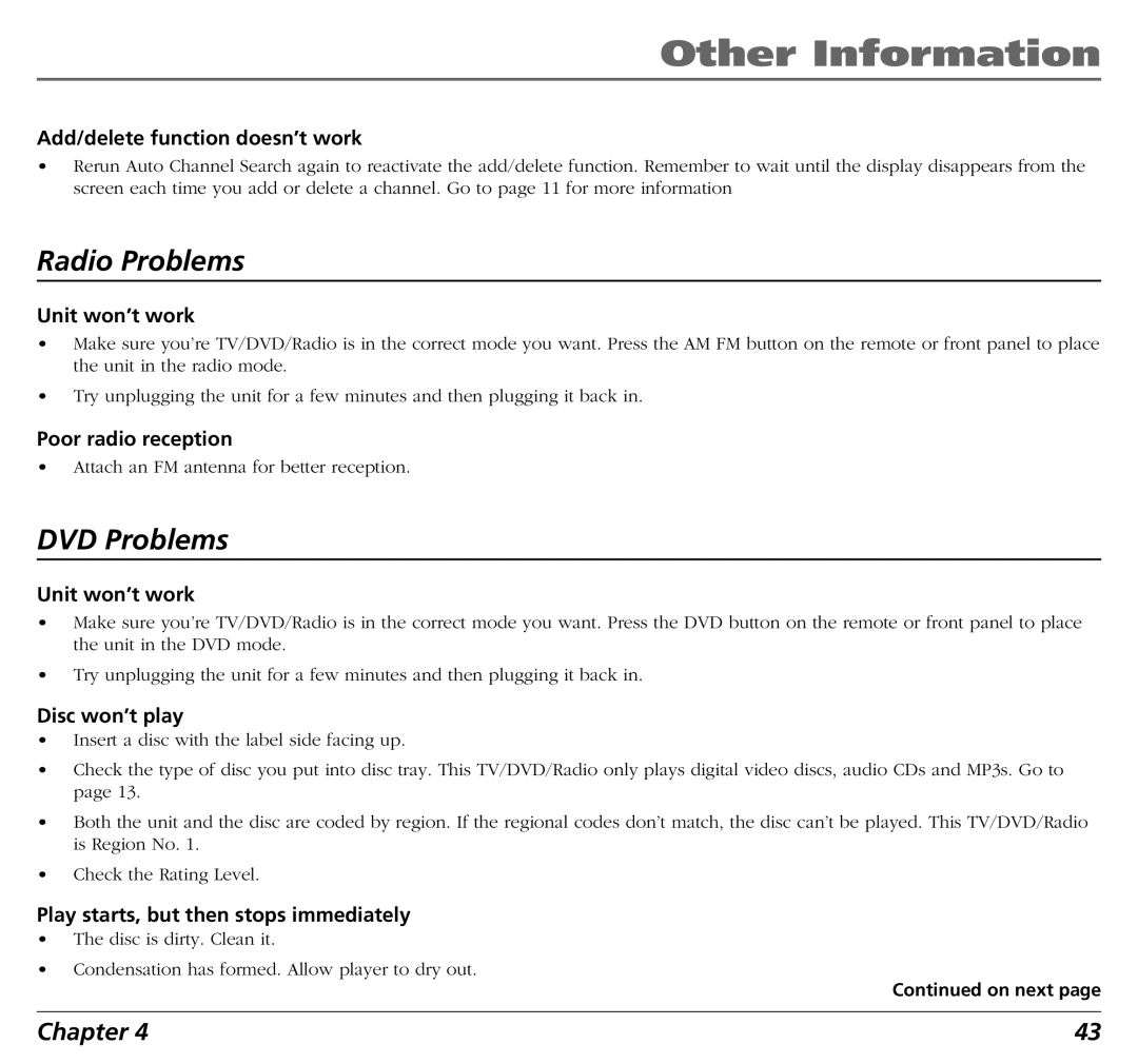 RCA BLD548 user manual Add/delete function doesn’t work, Unit won’t work, Poor radio reception, Disc won’t play 