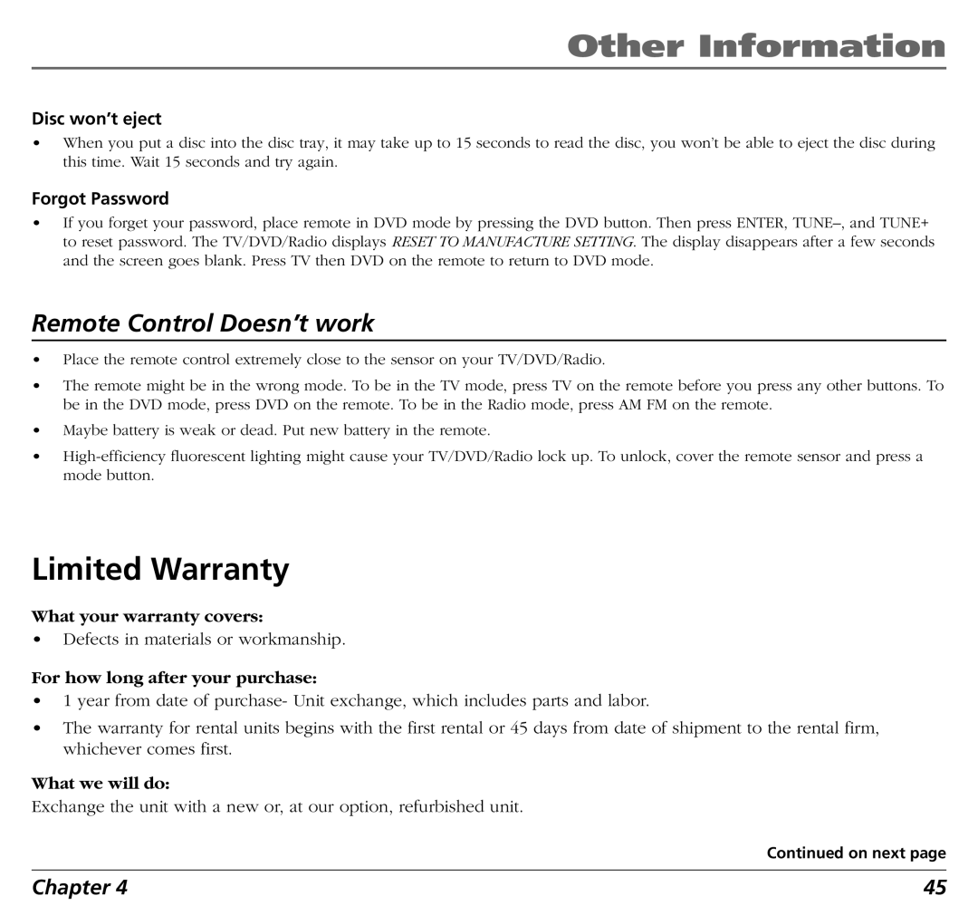 RCA BLD548 user manual Limited Warranty, Disc won’t eject, Forgot Password 