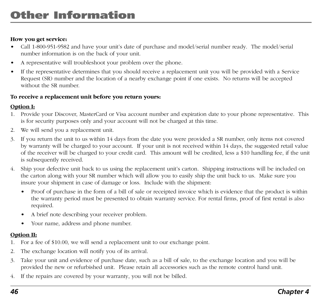 RCA BLD548 user manual To receive a replacement unit before you return yours Option 