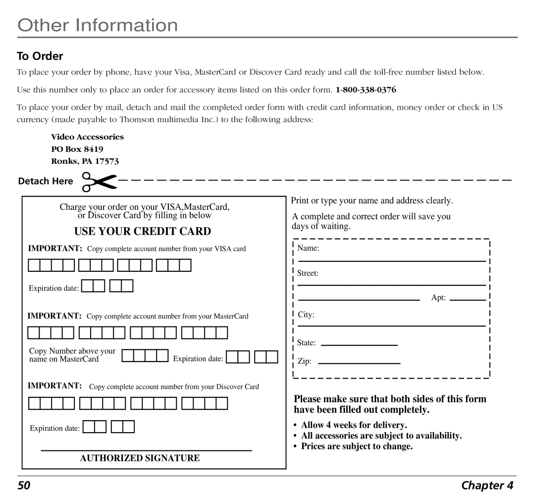 RCA BLD548 user manual To Order, USE Your Credit Card 