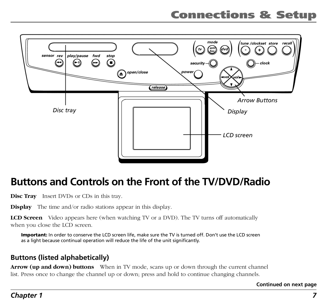 RCA BLD548 user manual Buttons and Controls on the Front of the TV/DVD/Radio, Buttons listed alphabetically 