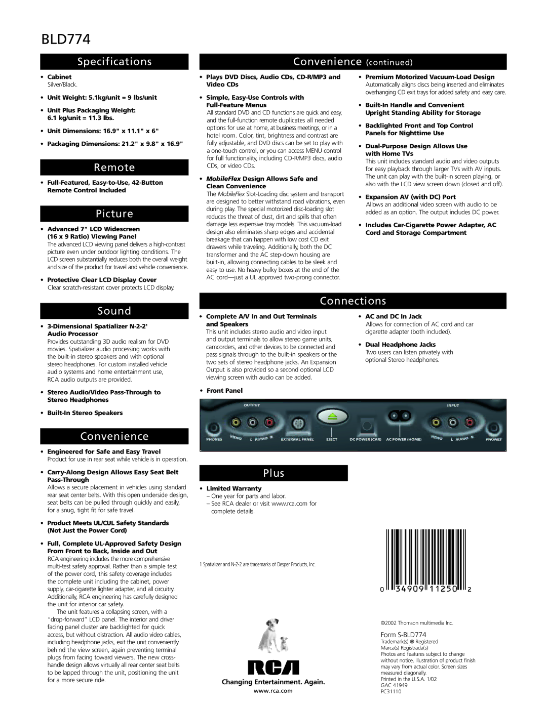 RCA BLD774 manual Specifications Convenience, Remote, Picture, Connections Sound, Plus 