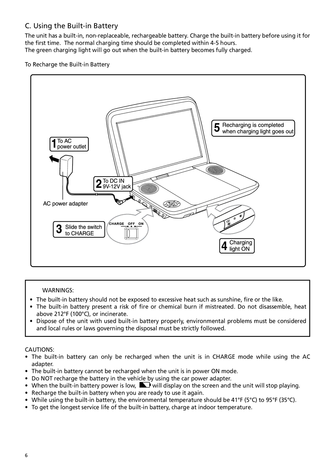 RCA BRC3108 user manual Using the Built-in Battery 