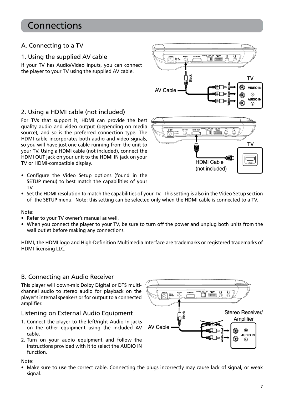 RCA BRC3108 user manual Connections, Connecting to a TV Using the supplied AV cable, Using a Hdmi cable not included 