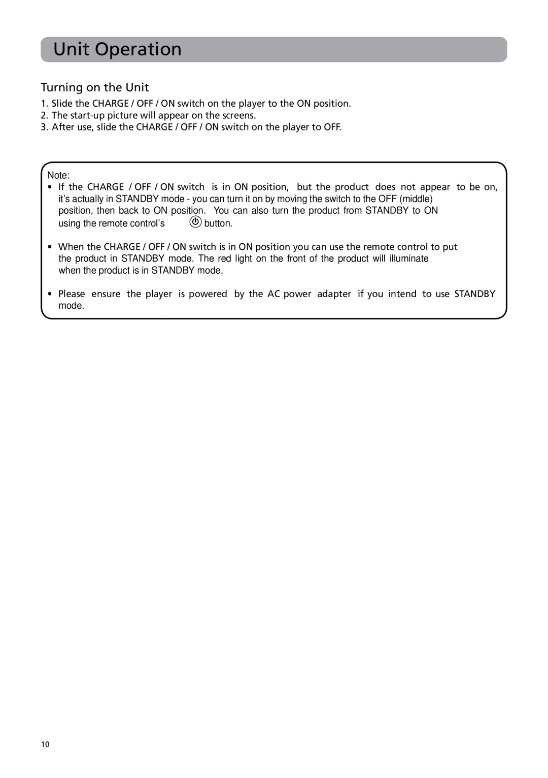 RCA BRC3108 user manual Unit Operation, Turning on the Unit 