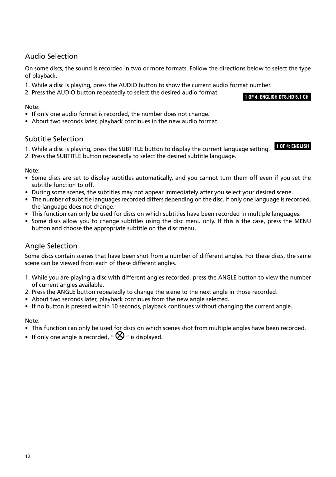 RCA BRC3108 user manual Audio Selection, Subtitle Selection, Angle Selection 