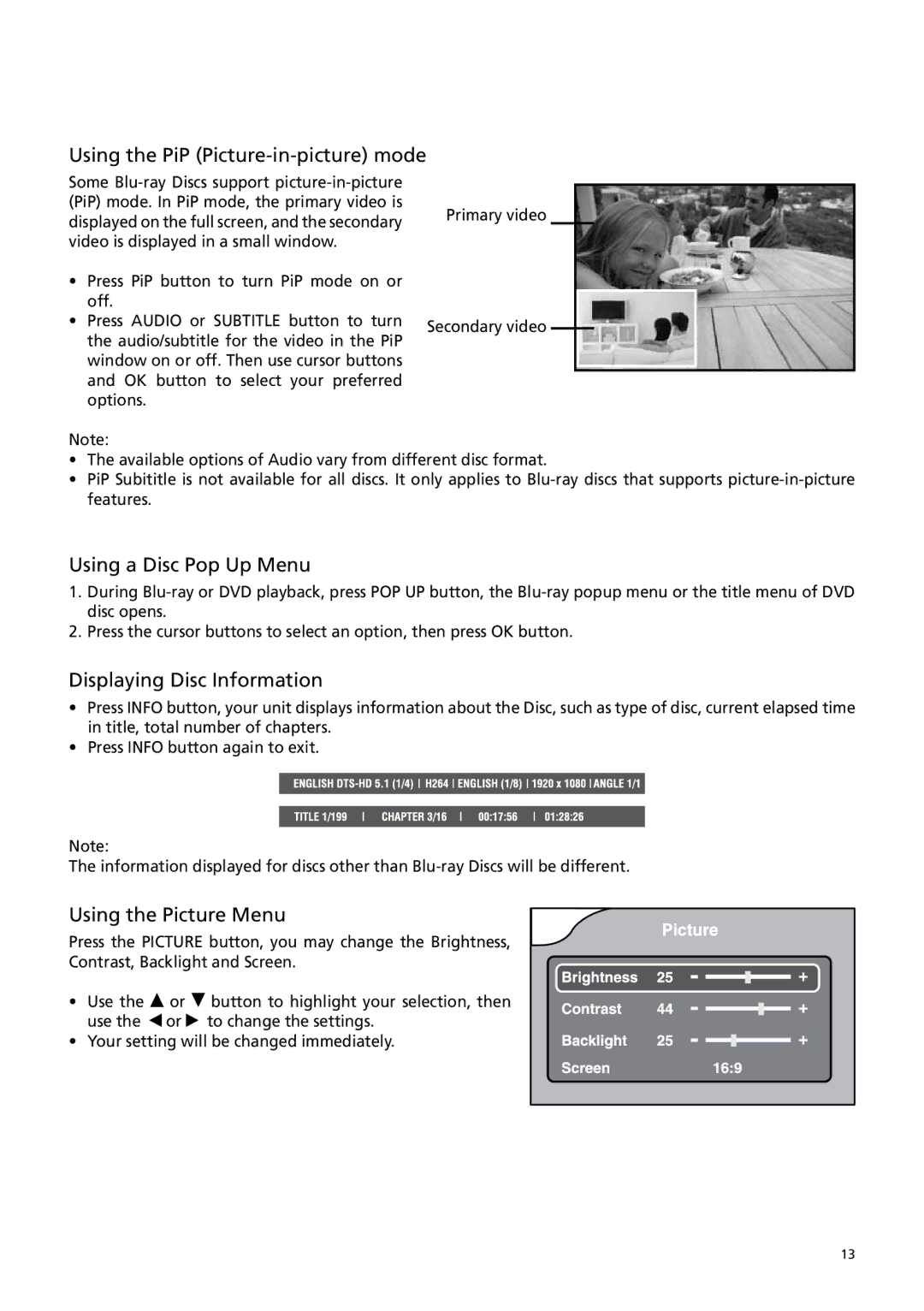 RCA BRC3108 user manual Using the PiP Picture-in-picture mode, Using a Disc Pop Up Menu, Displaying Disc Information 