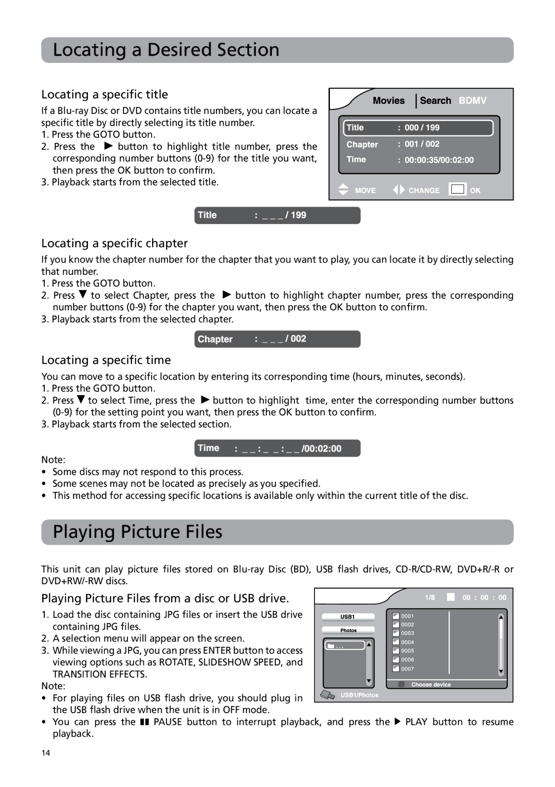 RCA BRC3108 user manual Locating a Desired Section, Playing Picture Files 