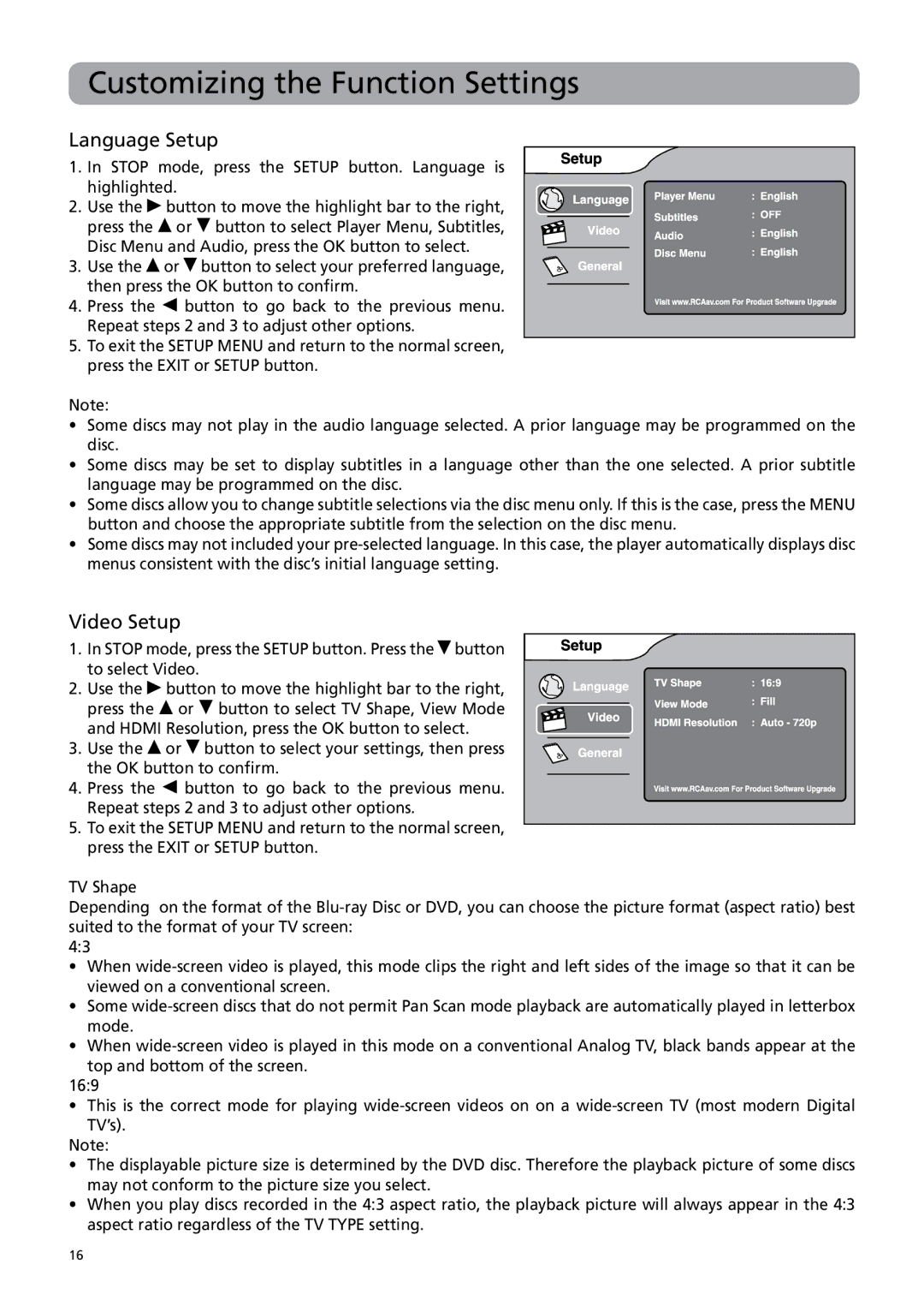 RCA BRC3108 user manual Customizing the Function Settings, Language Setup, Video Setup 