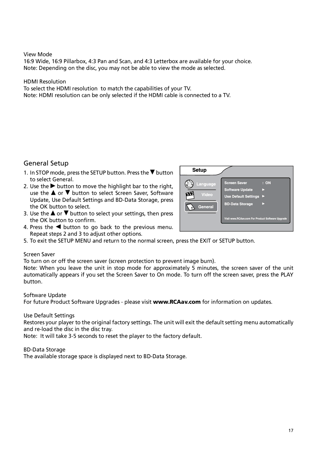 RCA BRC3108 user manual General Setup, View Mode 