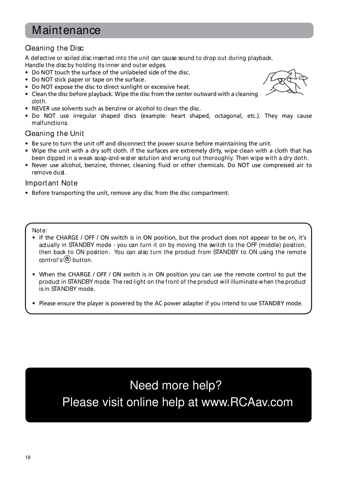 RCA BRC3108 user manual Maintenance, Cleaning the Disc, Cleaning the Unit, Important Note 