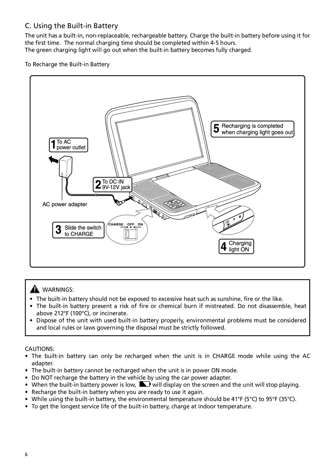 RCA BRC3109 user manual Using the Built-in Battery 