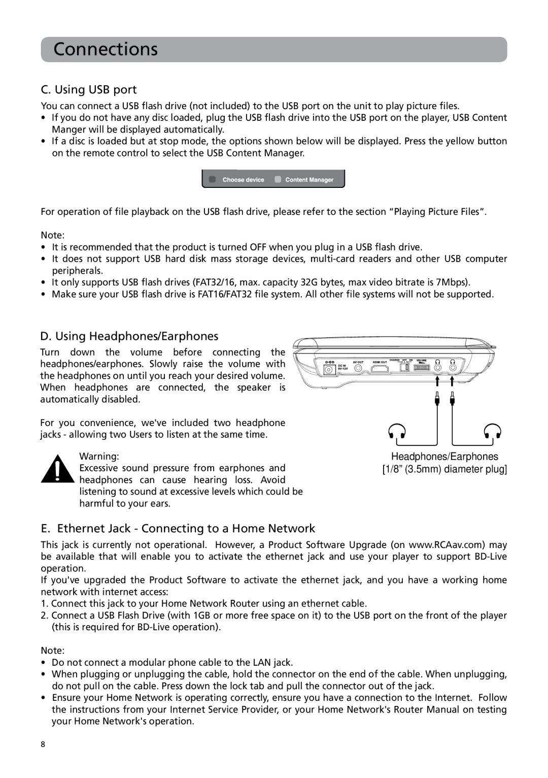 RCA BRC3109 user manual Using USB port, Using Headphones/Earphones, Ethernet Jack Connecting to a Home Network 