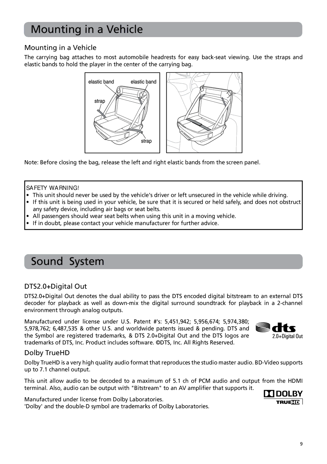 RCA BRC3109 user manual Mounting in a Vehicle, Sound System, DTS2.0+Digital Out, Dolby TrueHD 