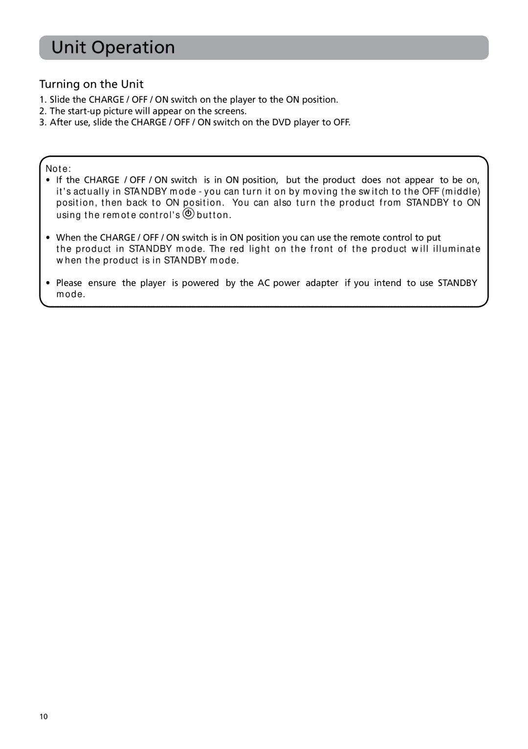 RCA BRC3109 user manual Unit Operation, Turning on the Unit 