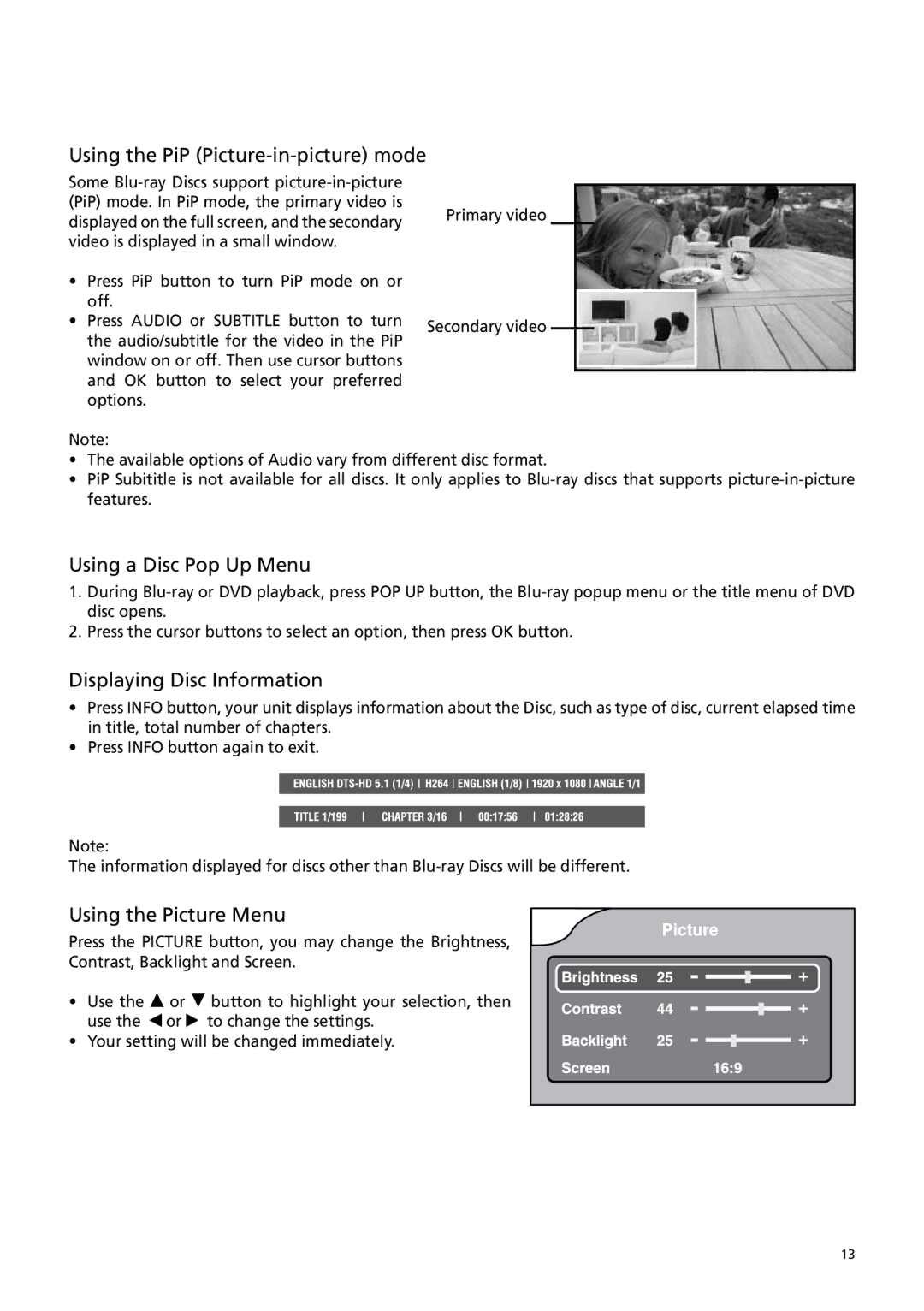 RCA BRC3109 user manual Using the PiP Picture-in-picture mode, Using a Disc Pop Up Menu, Displaying Disc Information 