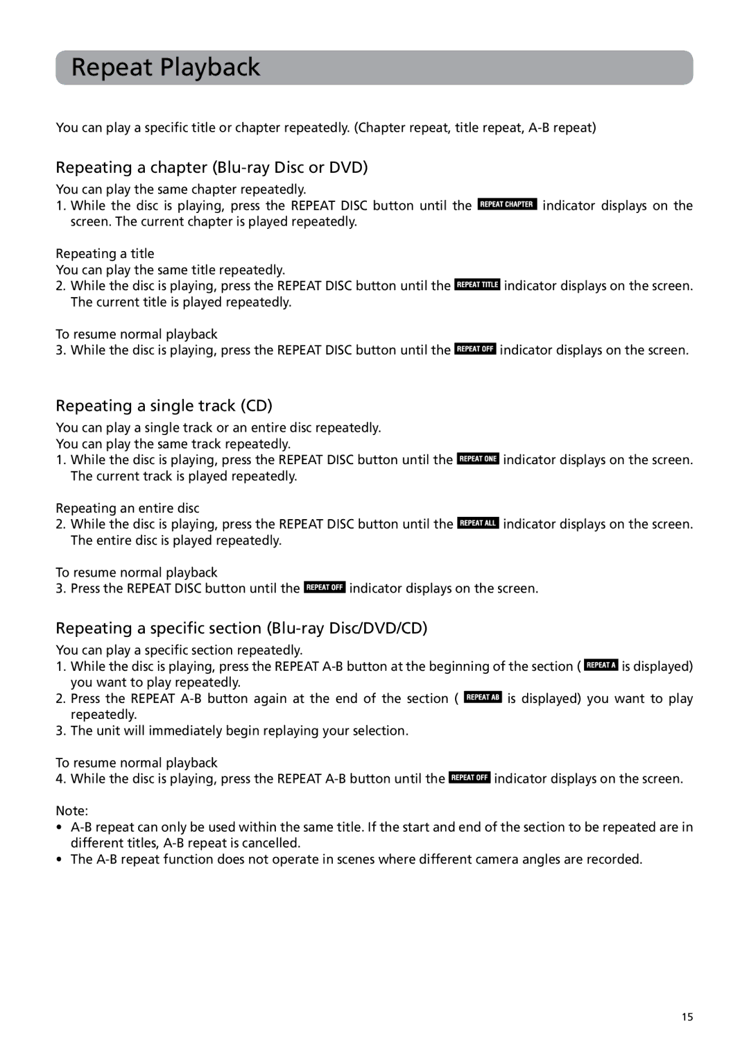 RCA BRC3109 user manual Repeat Playback, Repeating a chapter Blu-ray Disc or DVD, Repeating a single track CD 