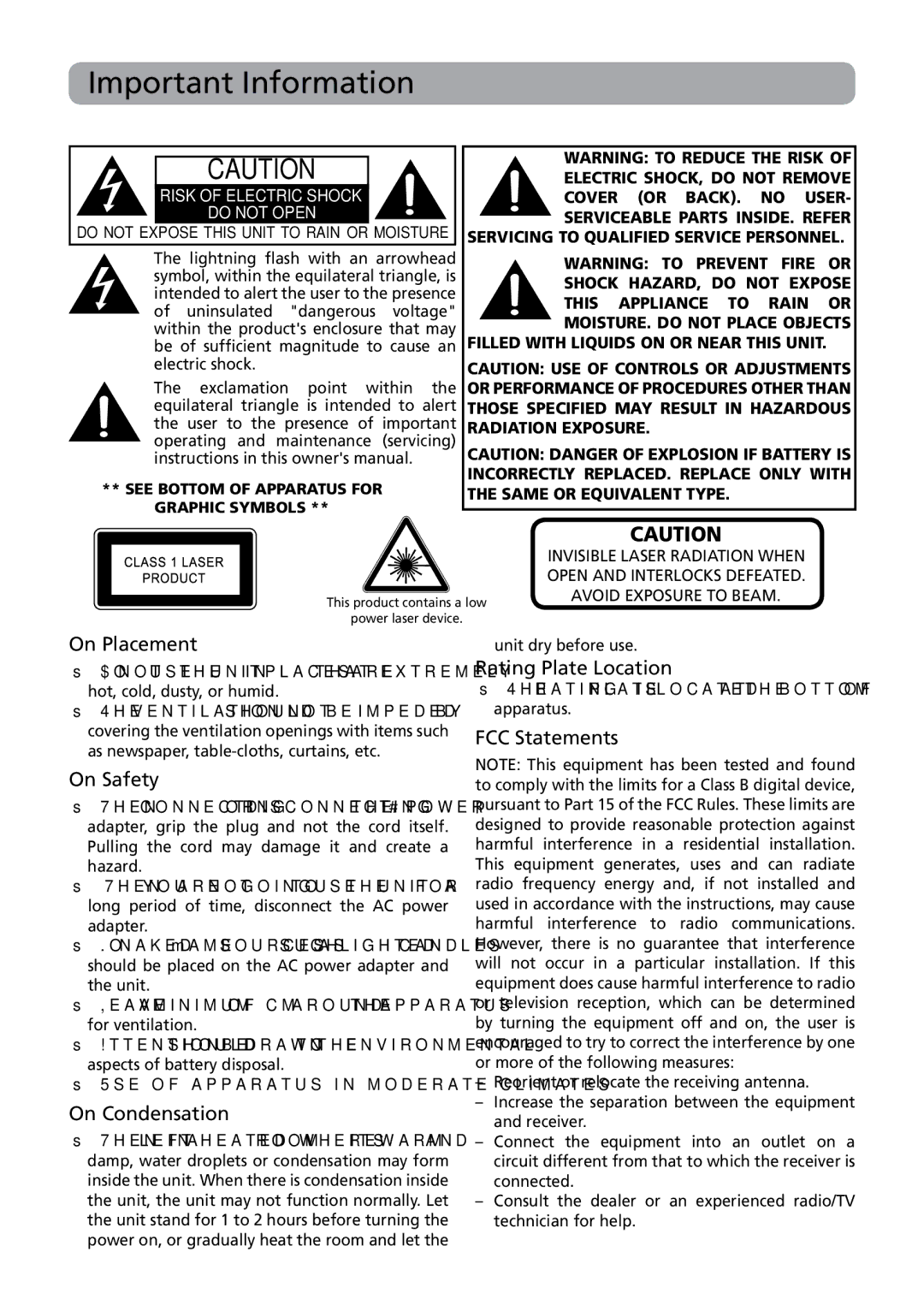 RCA BRC3109 user manual Important Information 