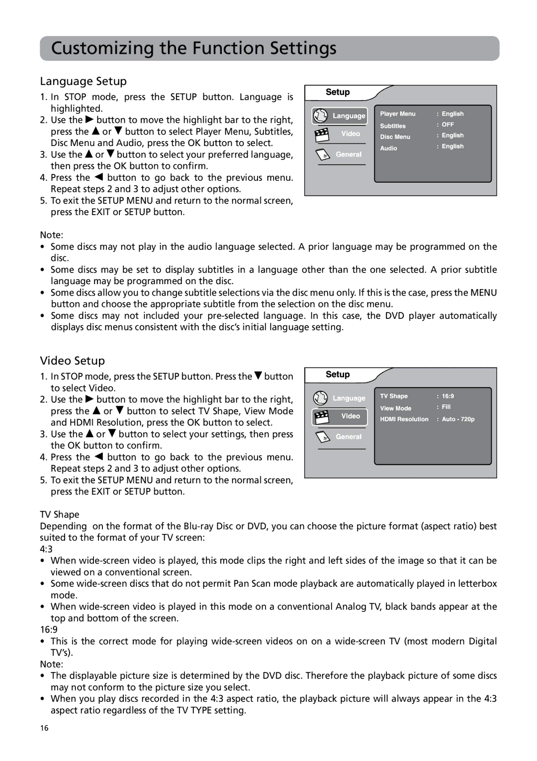 RCA BRC3109 user manual Customizing the Function Settings, Language Setup, Video Setup 