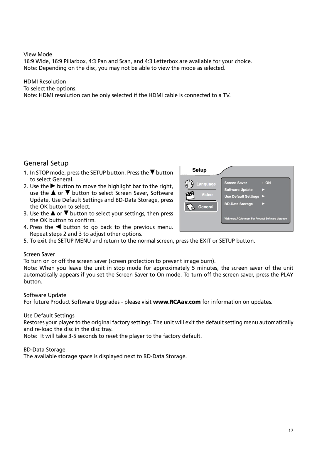 RCA BRC3109 user manual General Setup, View Mode 