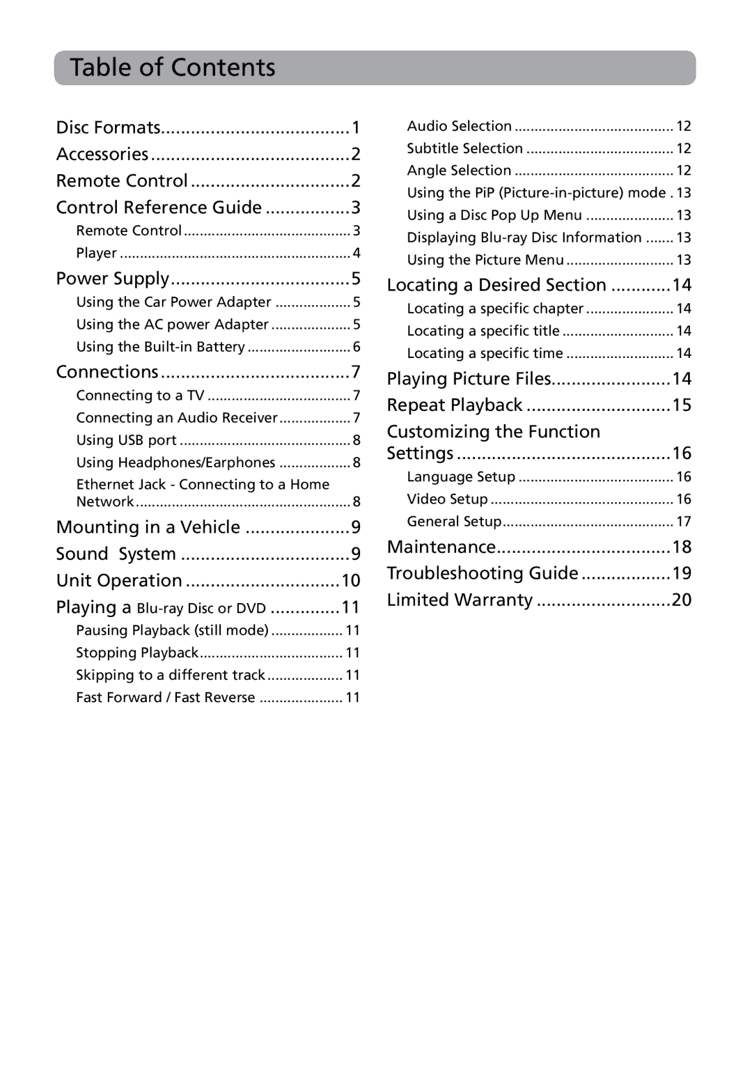 RCA BRC3109 user manual Table of Contents 