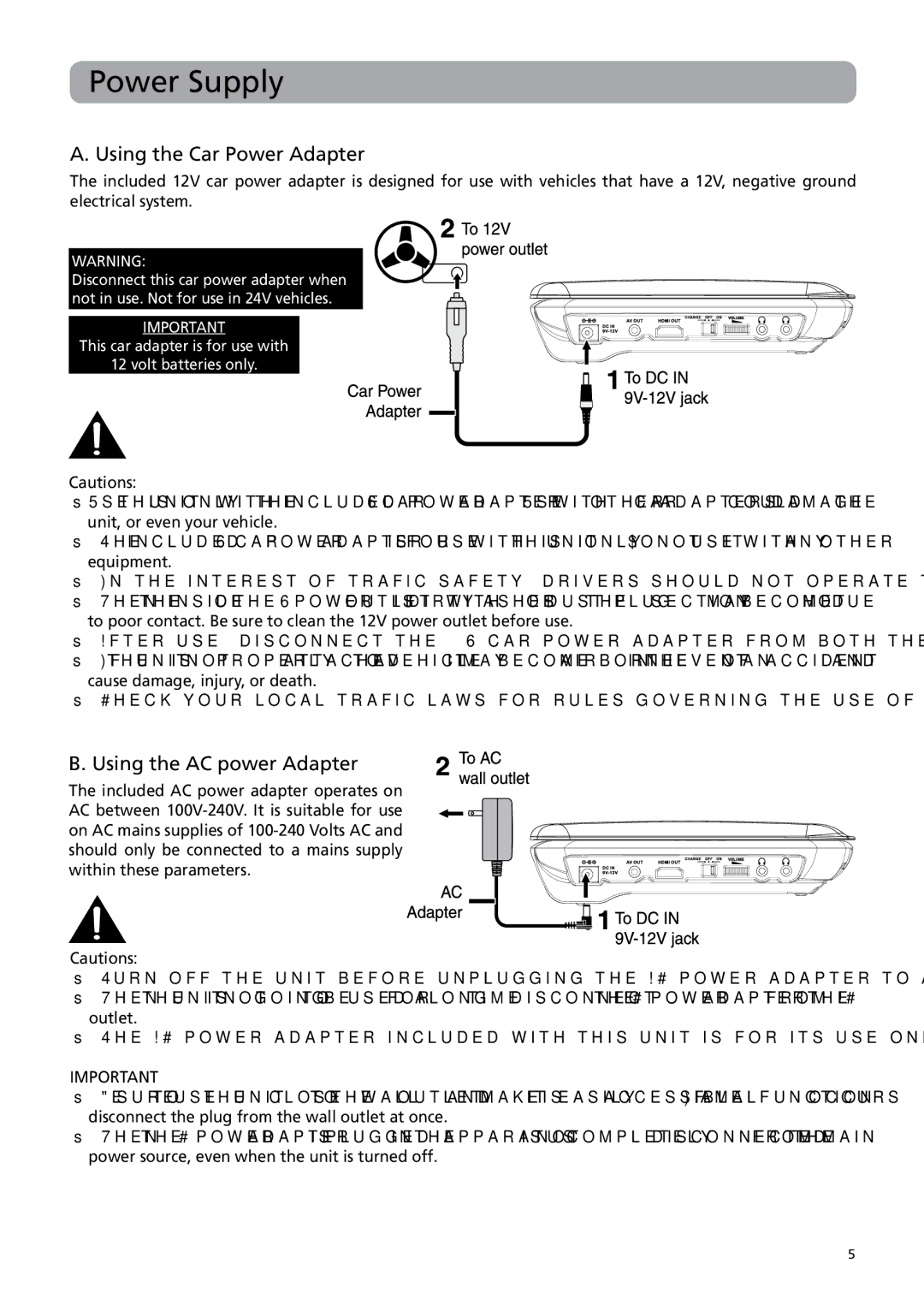 RCA BRC3109 user manual Power Supply, Using the Car Power Adapter, Using the AC power Adapter 