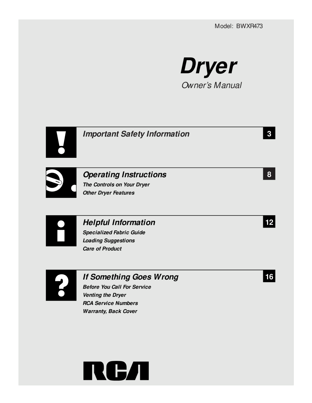 RCA BWXR473 operating instructions Dryer 