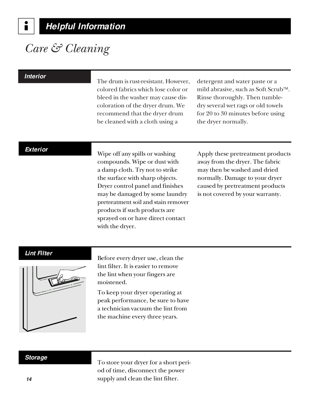 RCA BWXR473 operating instructions Care & Cleaning, Interior, Exterior, Lint Filter, Storage 