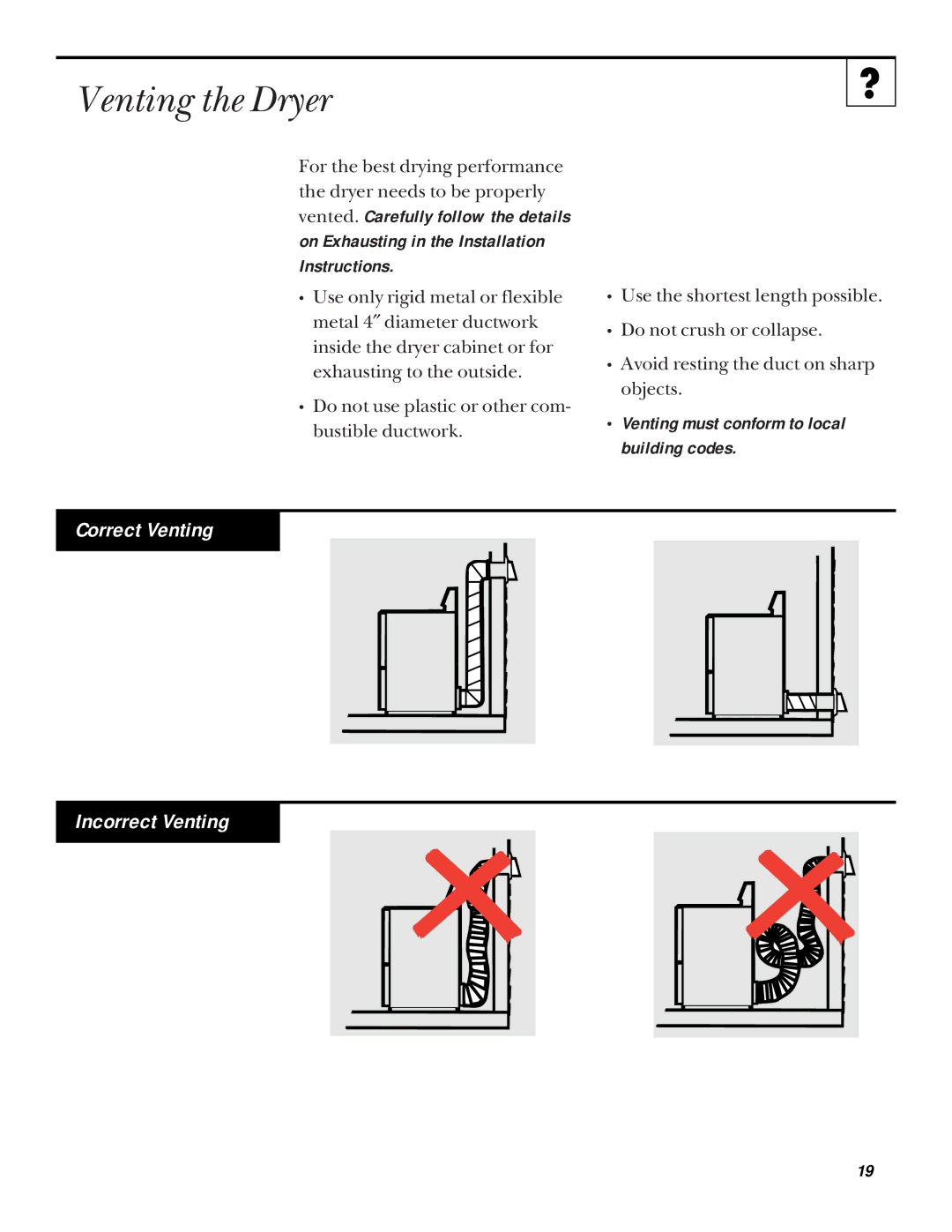 RCA BWXR473 operating instructions Venting the Dryer, Correct Venting Incorrect Venting 