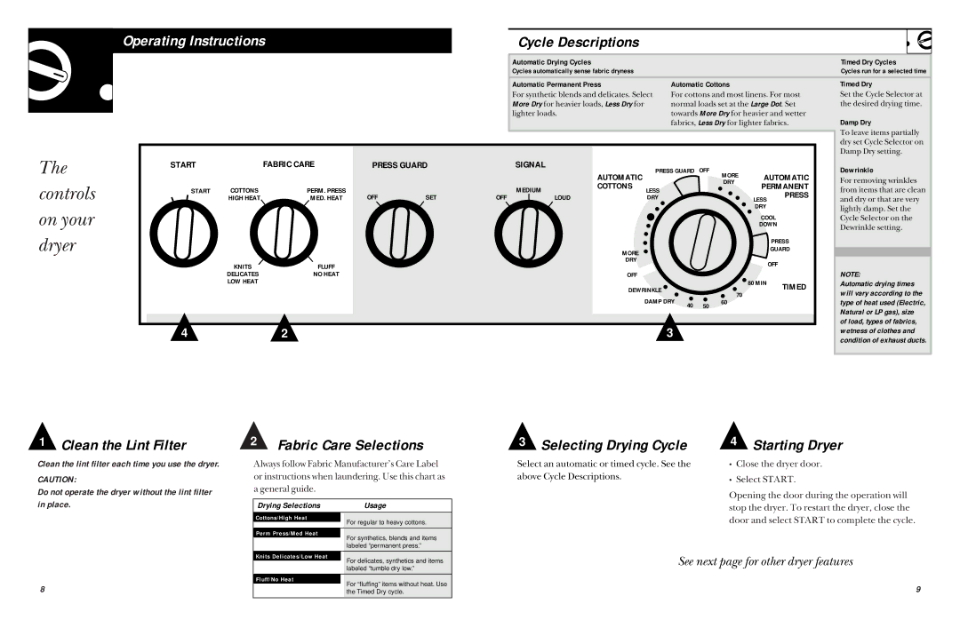 RCA BWXR473 operating instructions Controls on your dryer 