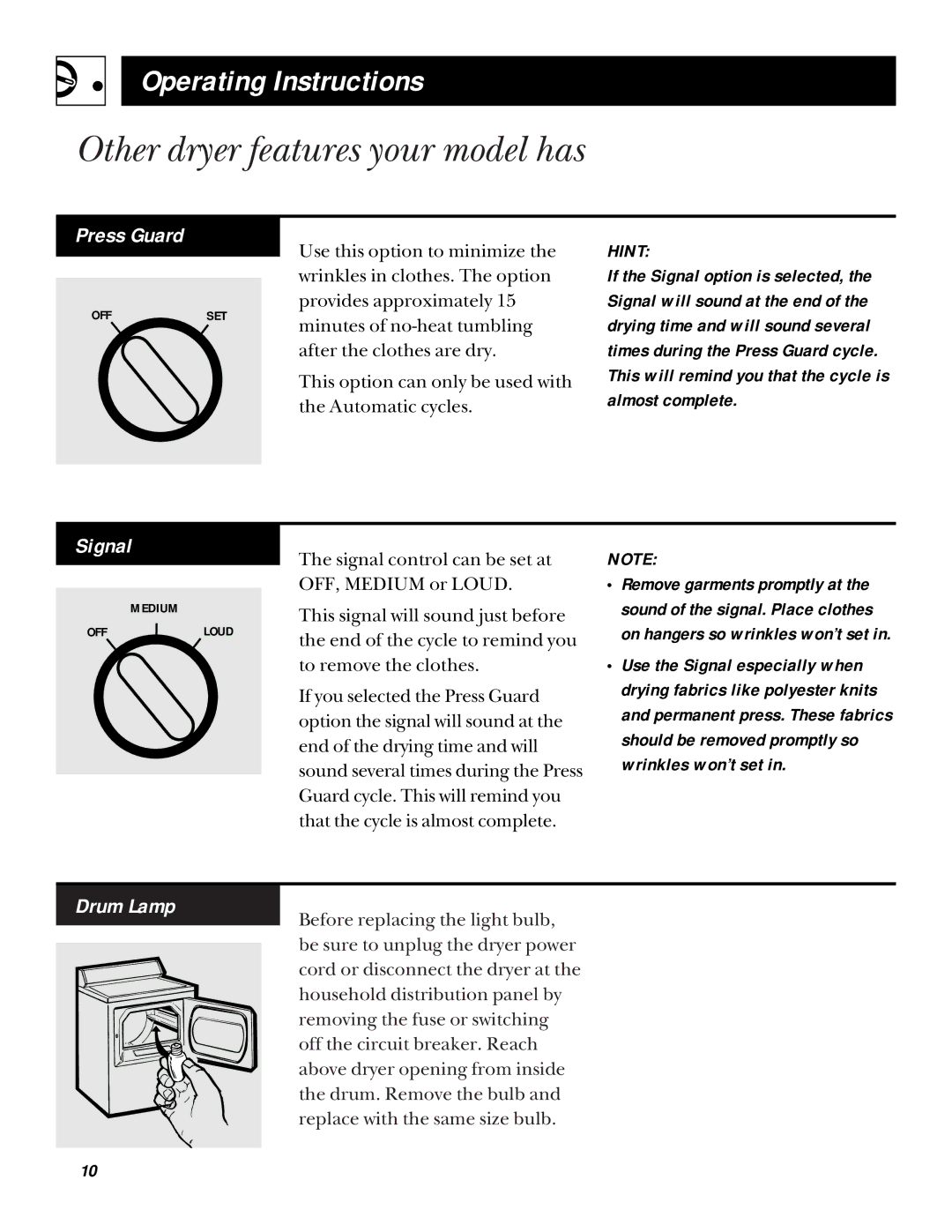 RCA BWXR473 operating instructions Other dryer features your model has, Press Guard, Signal, Drum Lamp 