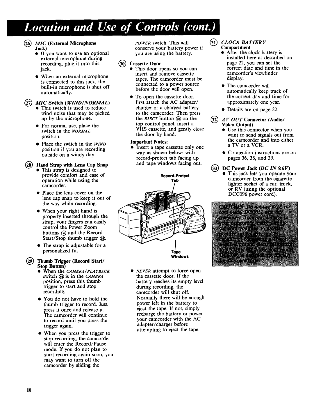 RCA CC-285 External Microphone, Jack, If you Want To use an optional, During Recording, plug it into this, Door, This 