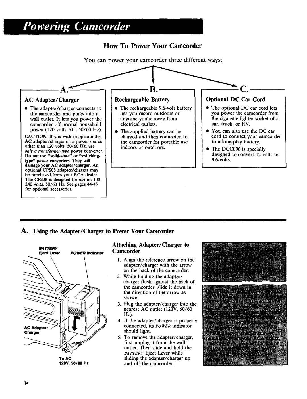 RCA CC-285 AC Adapter/Charger, Rechargeable Battery, Optional DC Car Cord, Attaching Adapter/Charger to Camcorder 