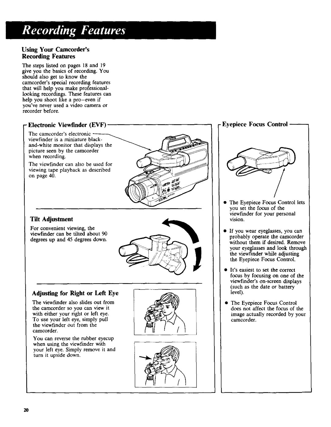 RCA CC-285 Using Your Camcorders Recording Features, Electronic Viewfinder EVF Eyepiece Focus Control, Tilt Adjustment 