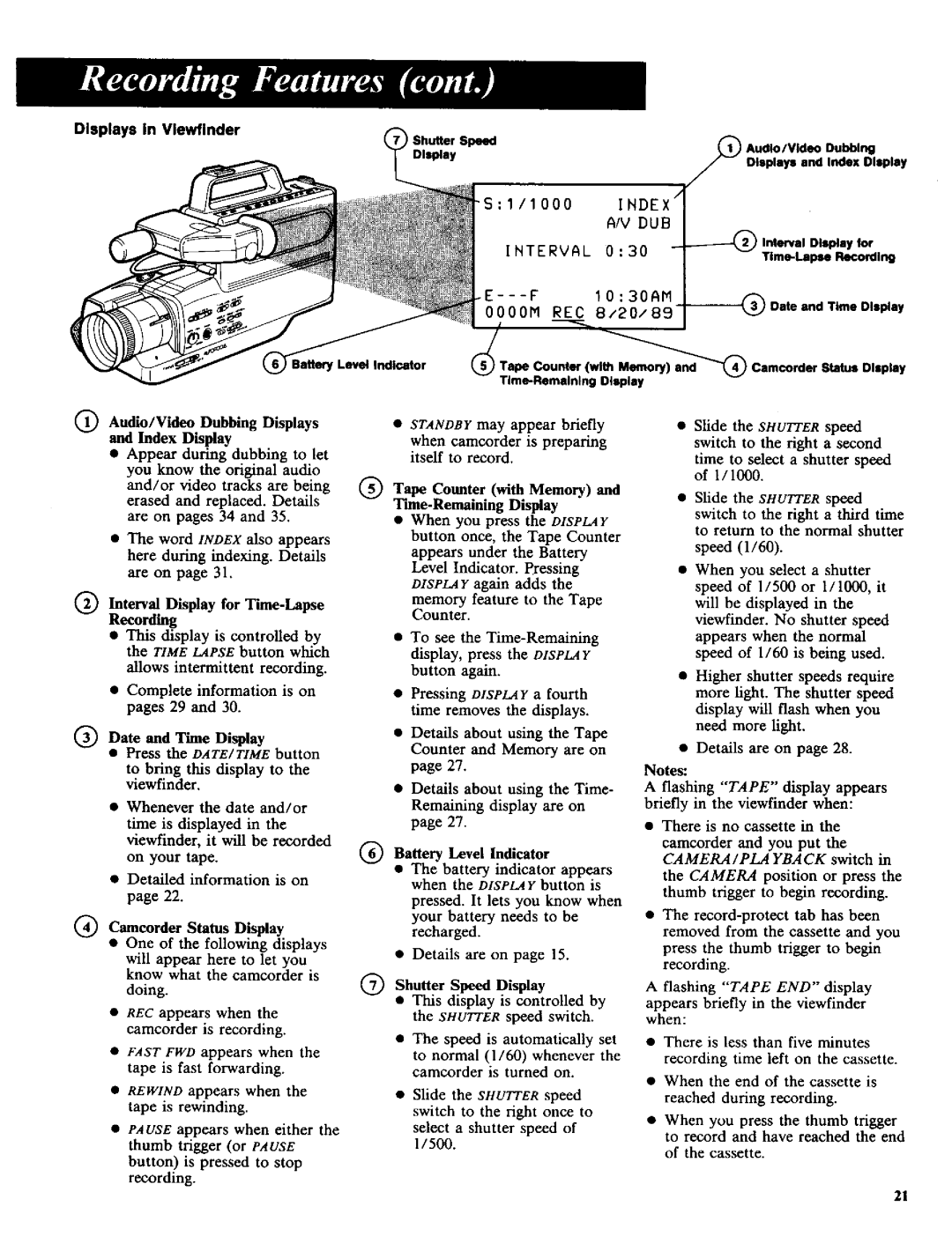 RCA CC-285 owner manual Camcorder Status Display, Battery Level Indicator 