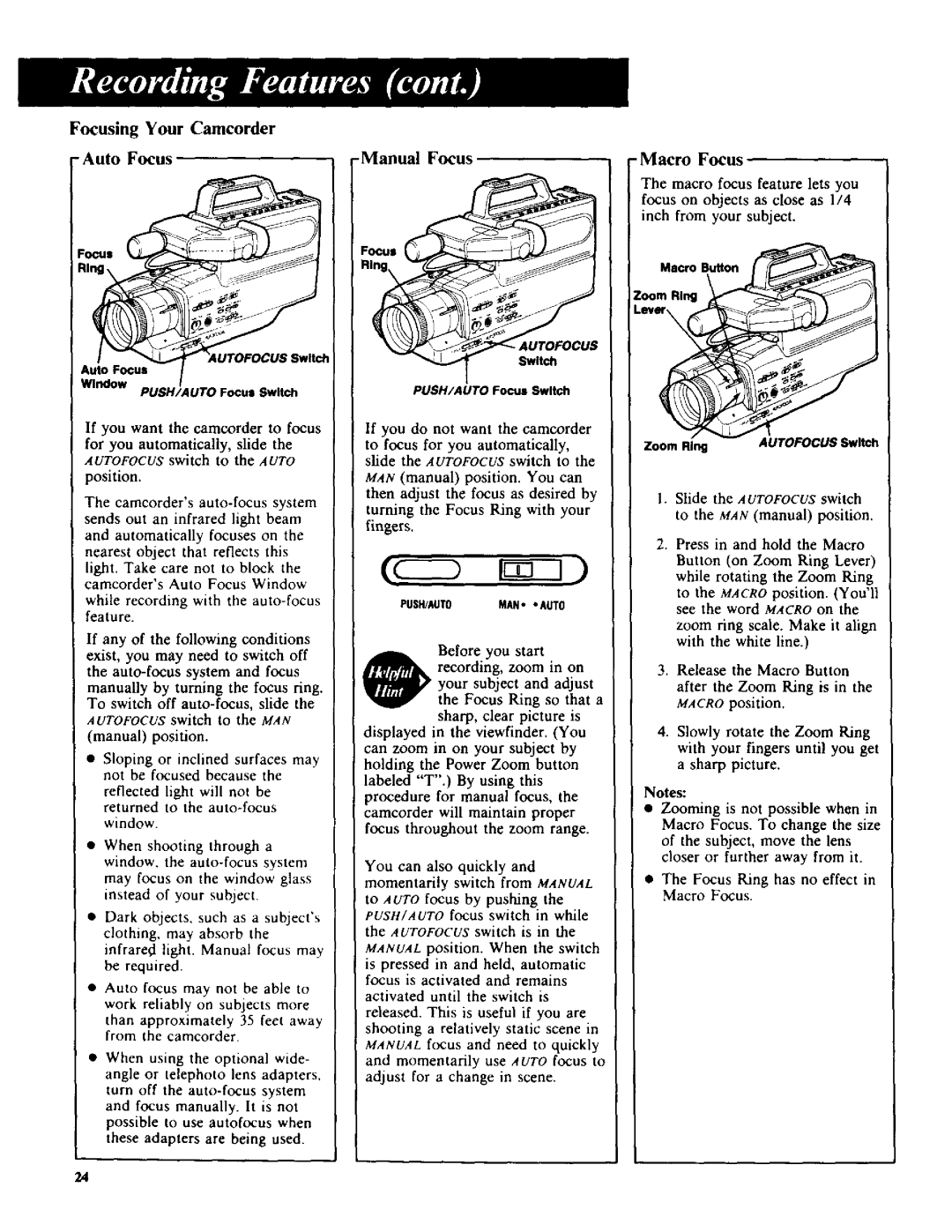 RCA CC-285 owner manual Focusing Your Camcorder Auto Focus, Manual Focus, Macro Focus 